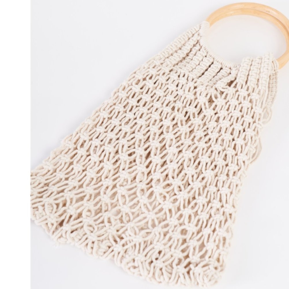 Macrame Bag with Wood Handles - Picture 2 of 4